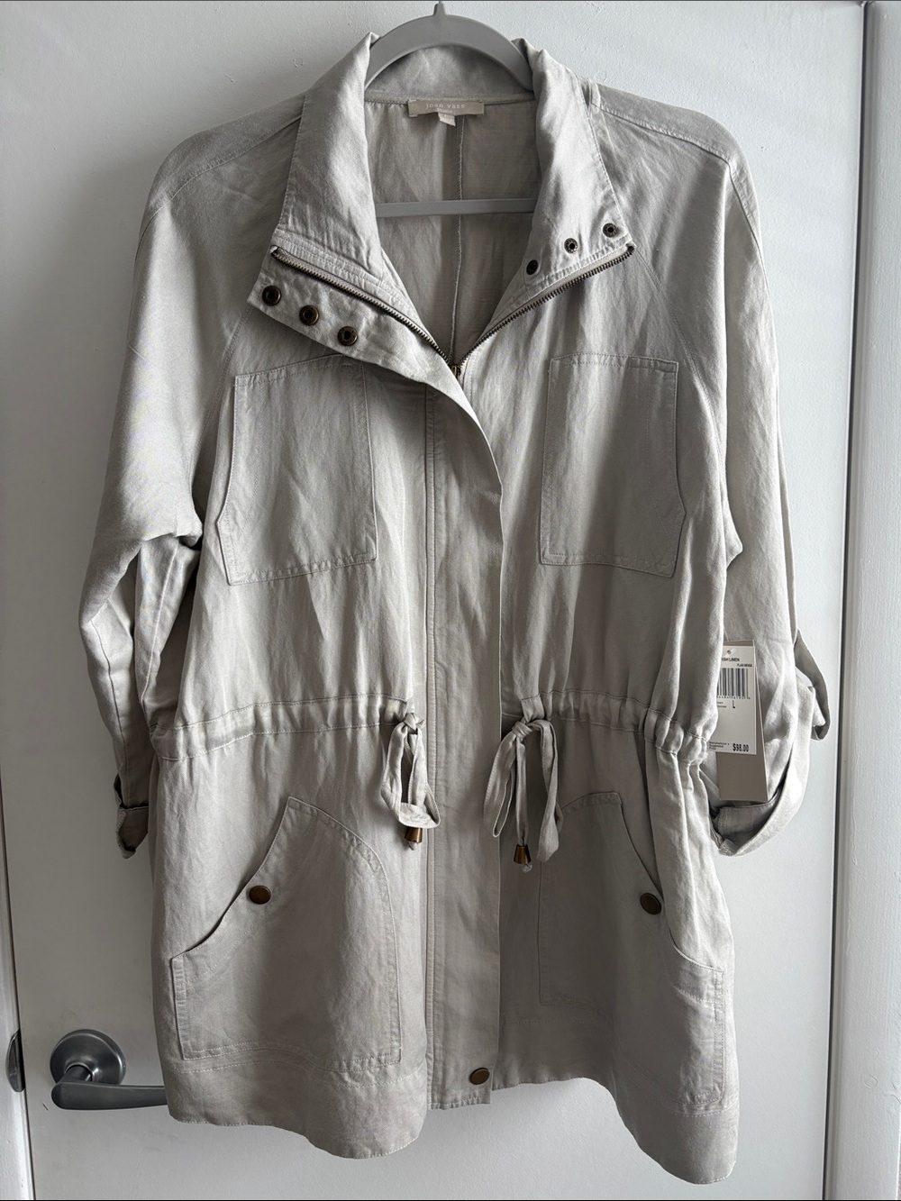NWT Joan Vass Irish Linen Flax Beige Preppy Utility Anorak Jacket SZ L